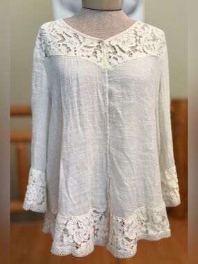 GNW Cream Crochet-Trim Lace Top